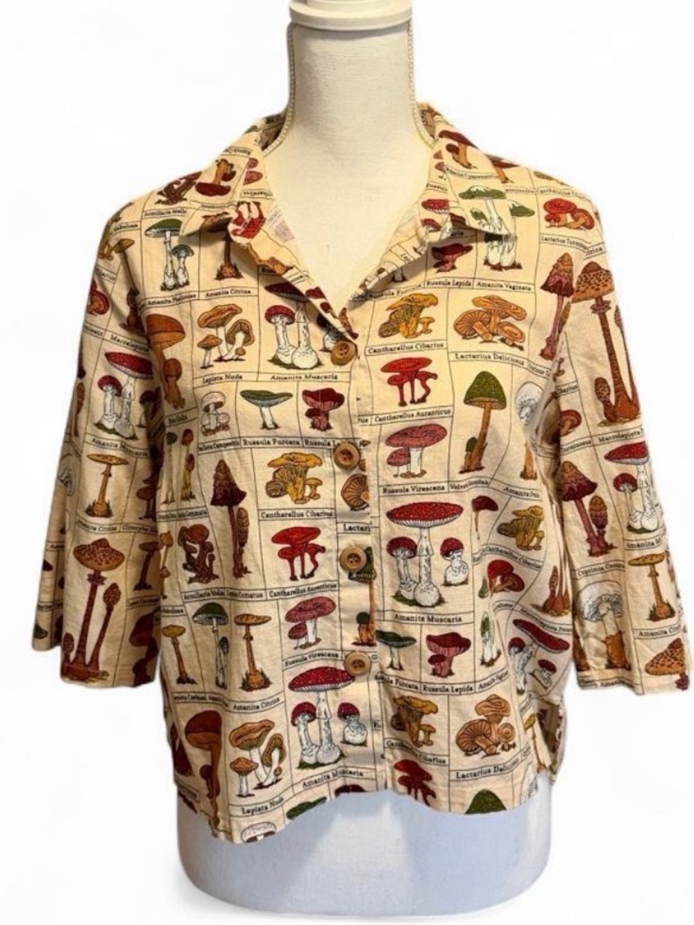 Dangerfield Women’s Mushroom Print Cropped Button-Down 3/4 Sleeve Shirt US 6